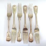 A set of six Edwardian silver fiddle, thread and shell pattern dessert forks,