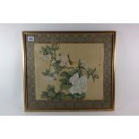 Two Japanese prints on silk of birds on flowering branches, 40 x 46cm.