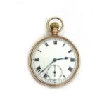 A 9ct gold open face keyless pocket watch, circa 1923, white dial with black Roman numerals,