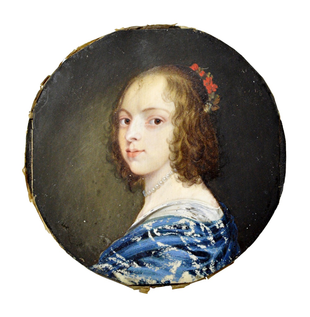 English School, 17th/18th Century, Portrait miniature of a lady in a blue dress wearing pearls,