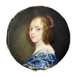 English School, 17th/18th Century, Portrait miniature of a lady in a blue dress wearing pearls,