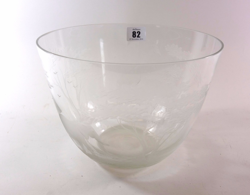 Rowland Ward: a circular tapering glass punch bowl, etched around the sides with an elephant,