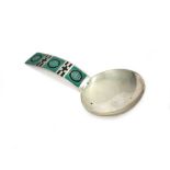 A Norwegian silver and enamelled caddy spoon, Marius Hammer, with circular bowl,