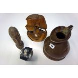 A Victorian copper half gallon haystack measure, two carved hardwood busts and other items (qty).