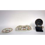 A Dresden porcelain shaped rectangular inkstand, painted with flowers and gilded, 19cm wide,