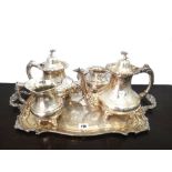 A heavy reproduction early Victorian style electroplate four piece tea and coffee service,