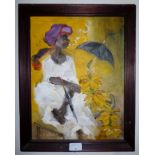 J M S Mani (1949) - A framed oil on board street seller with bananas,