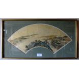 A framed and glazed decorative Japanese fan painted a mountainous river landscape,