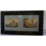 A carved framed pair of watercolours chu