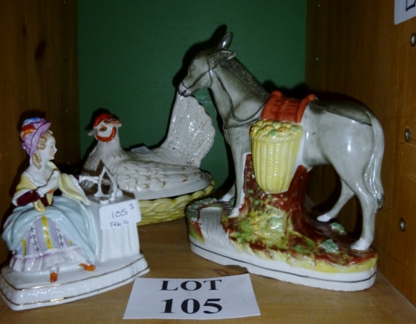 Three items of china, a porcelain donkey