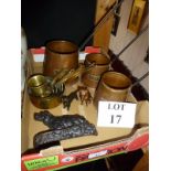 Three metal dog figurines and a collection of brass and copper pans or cider measures (qty) est: