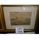 A framed and glazed watercolour study of 'Clay Mill with Wiveton Church in the Distance' label
