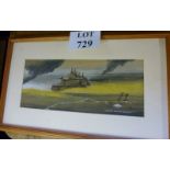 A framed and glazed watercolour 'Onward Christian Soldiers' depicting soldiers on a tank mono N K