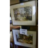 A pair of framed and glazed watercolours depicting countryside cottage/village scenes each bear