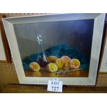 A framed 20c oil on canvas still life study of peaches and a decanter signed F Domingo lower left