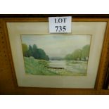 A framed and glazed watercolour depicting a countryside lake signed Eve M S Guthrie lower left est: