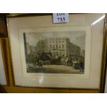 A framed and glazed coloured print study of 'The Age, Brighton Coach at the Bull & Mouth,