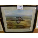 A framed and glazed coloured print depicting a Meteor EE2E216 flown by D/O Dean,