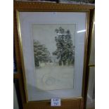 A framed and glazed watercolour architectural study of a garden scene 'Rawten Hill' dated 1972