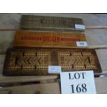 Two vintage cigarette advertising cribbage boards and one other with parquetry decoration est: