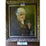 A framed oil on board depicting a gentleman holding cards title verso 'Call Slayer' signed David