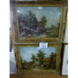 A pair of framed and glazed coloured prints depicting rural farm scenes each bearing printed