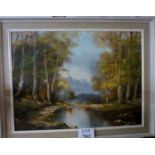 A framed 20c oil on canvas mountainous landscape scene with lake to foreground signed O Schmidt