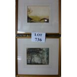 A framed and glazed watercolour woodland lake scene with figures fishing and a framed and glazed