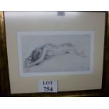 A framed and glazed print study of a nude lady lying on her front signed Begas lower right and mono