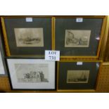 Four small framed and glazed prints to include a pencil signed harbour scene of a 'South East View