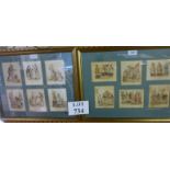 A pair of framed and glazed sets of coloured prints depicting scenes to include 'Servant Maids' &
