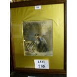 A framed and glazed print portraying a woman feeding hens and chickens est: £30-£50