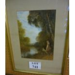 A framed and glazed watercolour study of a boy & girl fishing by a woodland river signed Fred Hines