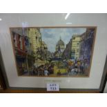 A framed and glazed watercolour street scene 'Fleet Street & Ludgate Hill in 1890' signed Matt