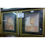 A pair of framed and glazed coloured prints studies of Egyptian goddesses with hieroglyphics each
