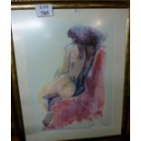 A large framed and glazed coloured print nude back study of a seated lady,