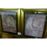 A pair of large coloured prints depicting Egyptian goddesses and with hieroglyphics,