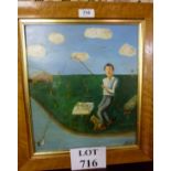 A maple framed oil on board whimsical study of a man fishing title verso 'Angler's Dinner' by