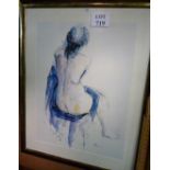 Another large framed and glazed coloured print depicting a nude back study of a seated lady,