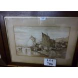 A framed and glazed watercolour study of a fisherman and their boats signed P Clingham lower right