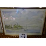 A framed and glazed 20c watercolour coastal scene with sailing boat to foreground signed A F