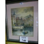 A framed and glazed watercolour depicting a continental riverside town with figures rowing to