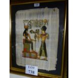 A framed and glazed Egyptian painting on parchment depicting a man offering gifts to a goddess,