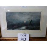 A small framed and glazed watercolour study of a moonlit river with sailing and rowing boats est: