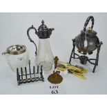 Plated-ware to include a biscuit barrel; tea kettle with stand; toast rack,