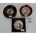 Three framed Prattware Pot lids with nautical themes including ' The Ning Po River' and 'Landing