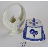A blue and white ironstone stilton dish and cover and a Beswick basket leaf vase (2) est: £25-£45