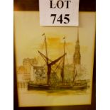 A framed and glazed print depicting a sailing ship in a port inscribed in pencil below and dated