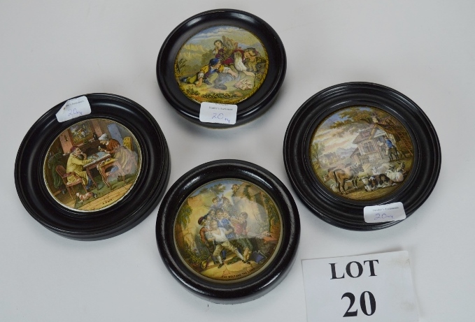Four framed Prattware pot lids to include 'A Pair';