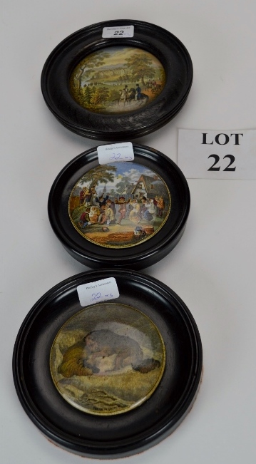 Three framed Prattware Pot lids to include 'The Snow Drift and 'The Village Wedding (3) est: